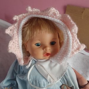 Handmade pink and white crochet baby hat bonnet